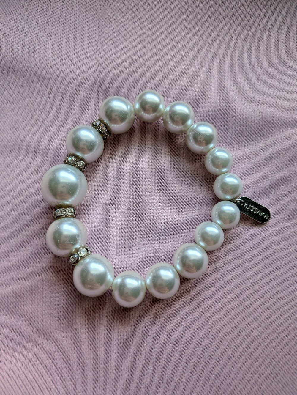 Kissaka Pearl Stretch Bracelet with Rhinestone Spacers